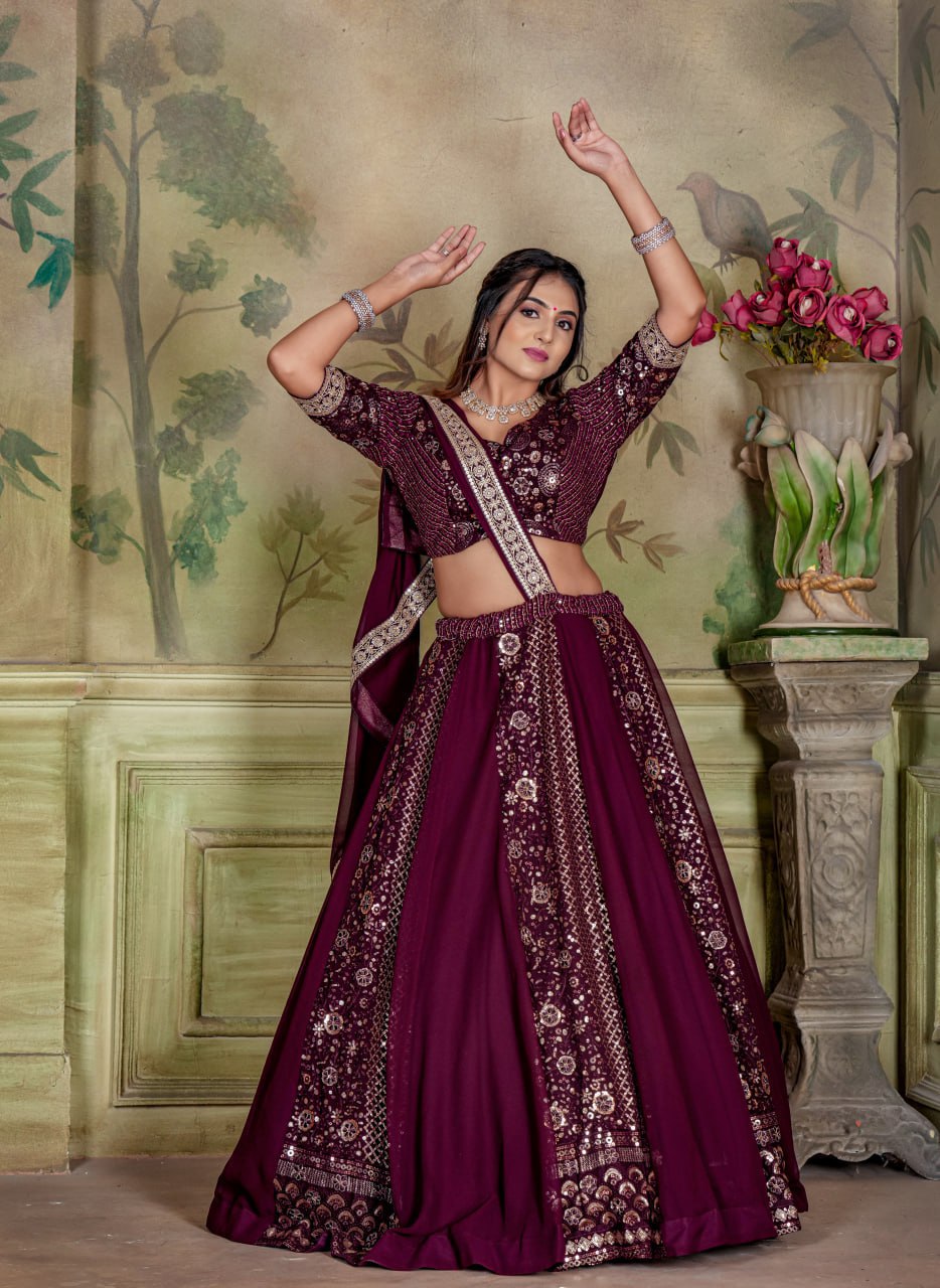 Eilara Women's Wine Georgette With Sequins And Embroidery Work Designer Lehenga Choli