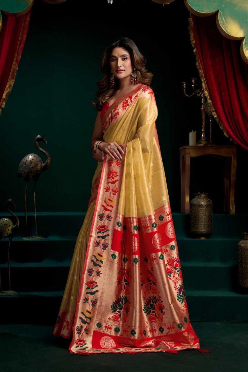 Heavy Tissue Paithani Saree with Lotus Zari Border & Stylish Pompom Detailing