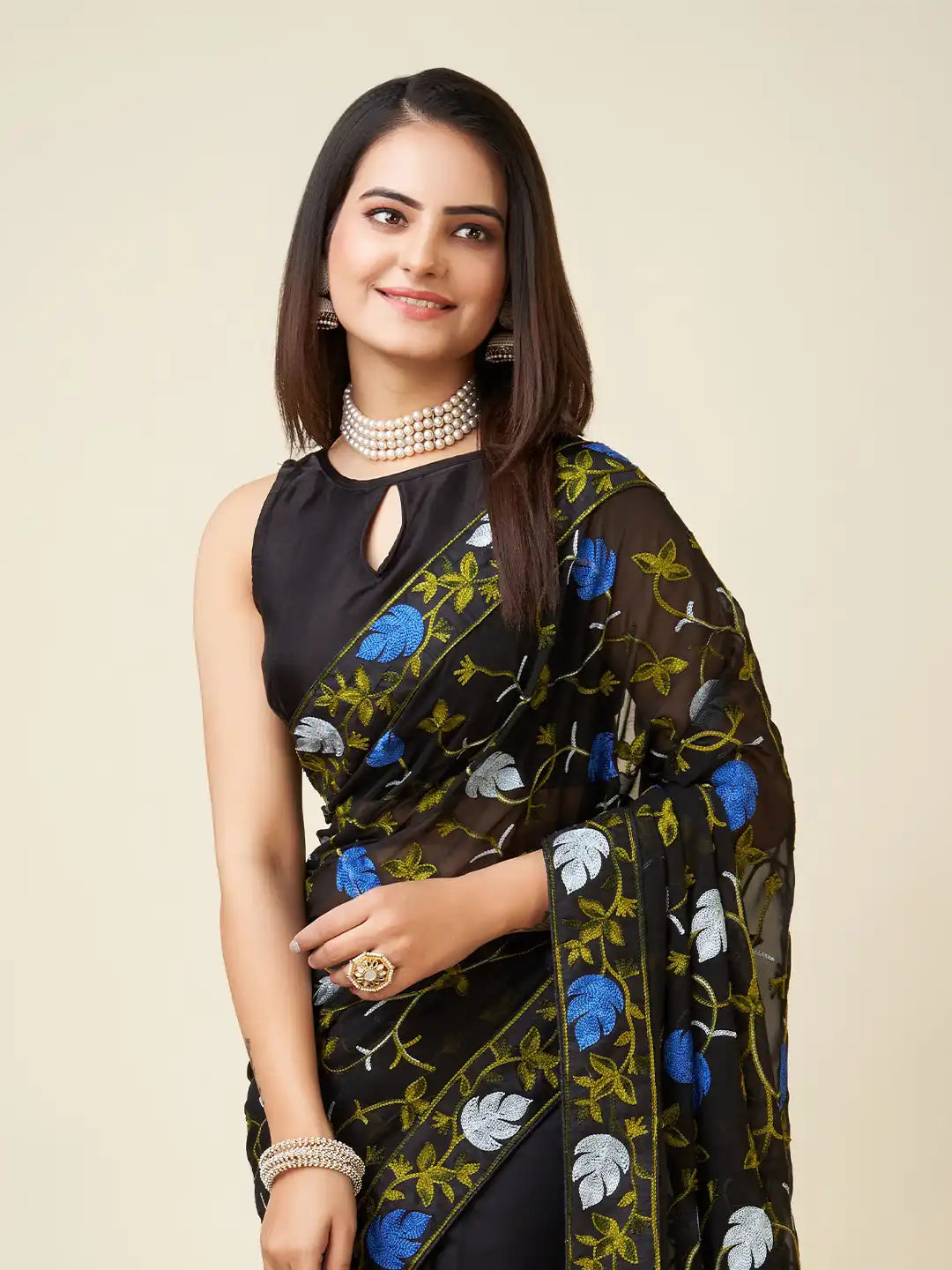Premium Faux Georgette Saree with Kashmiri Work & Piping Border
