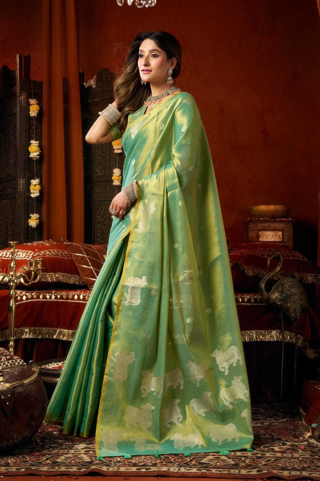 Heavy Tissue Saree with All-Over Cow Butta, Jacquard Weaving & Fancy Tassels