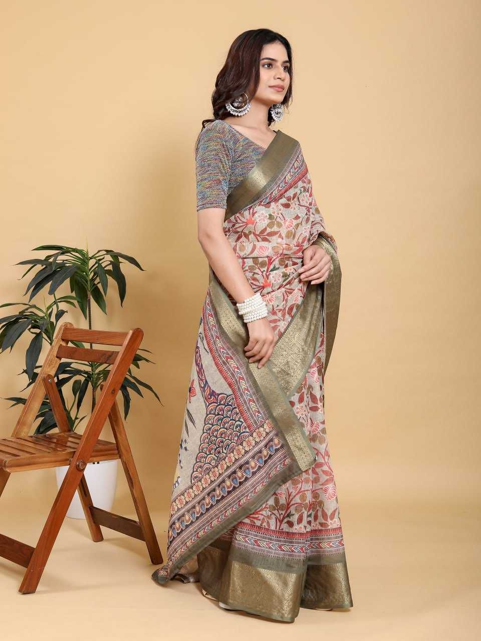 Jacquard Patta Linen Cotton Saree with Traditional Motifs & Elephant Design Pallu