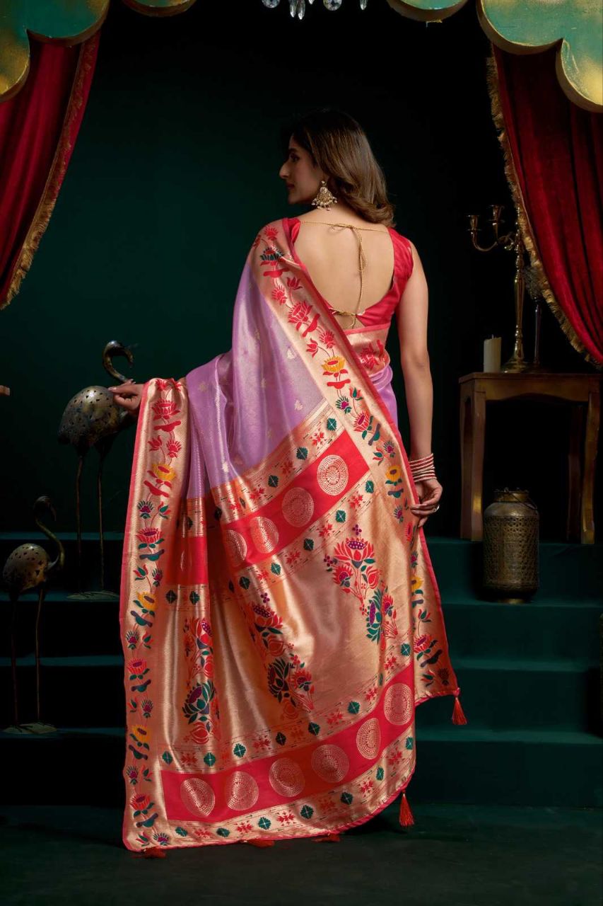 Heavy Tissue Paithani Saree with Lotus Zari Border & Stylish Pompom Detailing