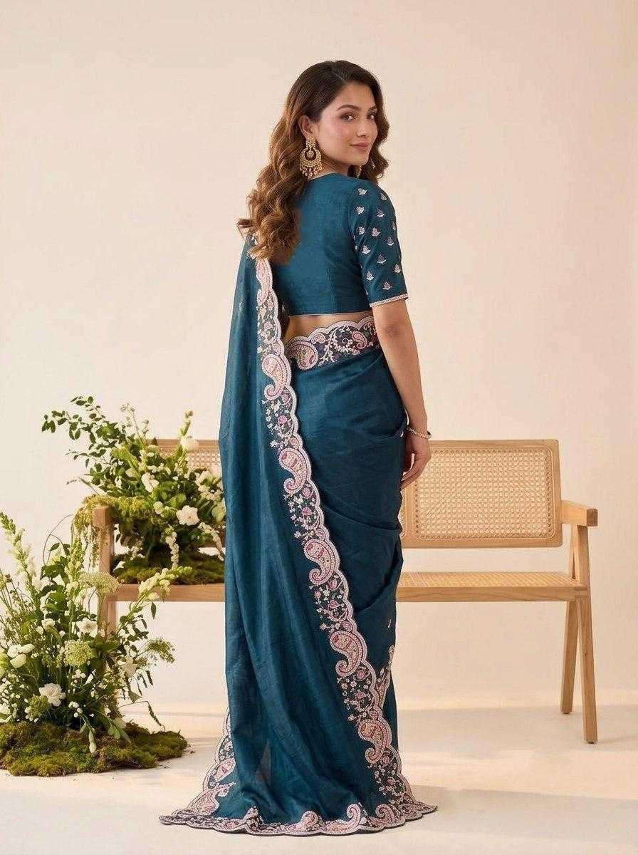 Premium Space Silk Saree with C-Pallu Embroidery & Cutwork Border
