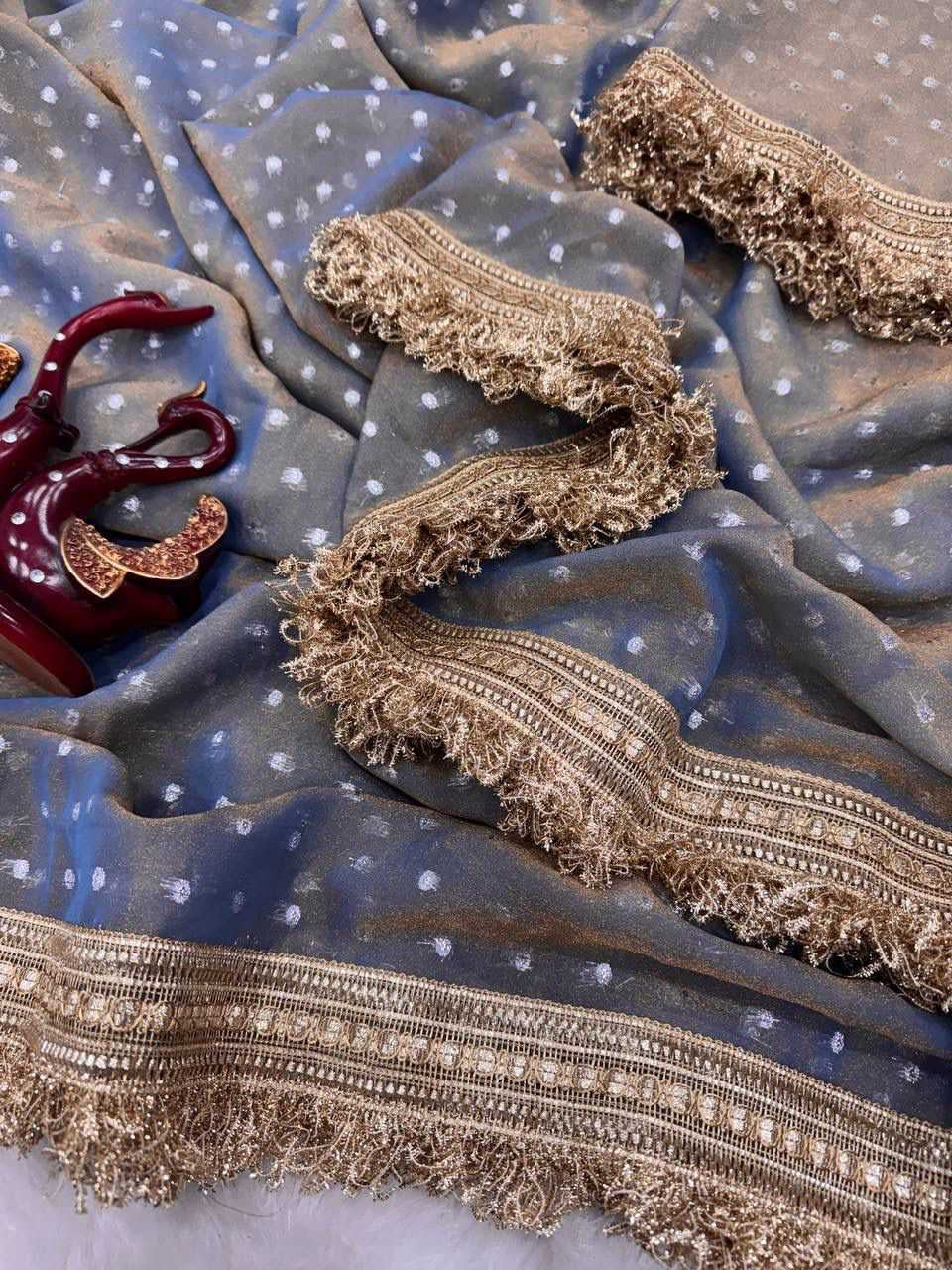 Premium Moss Silk Saree with Jacquard Butti Work & Fancy Lace Border