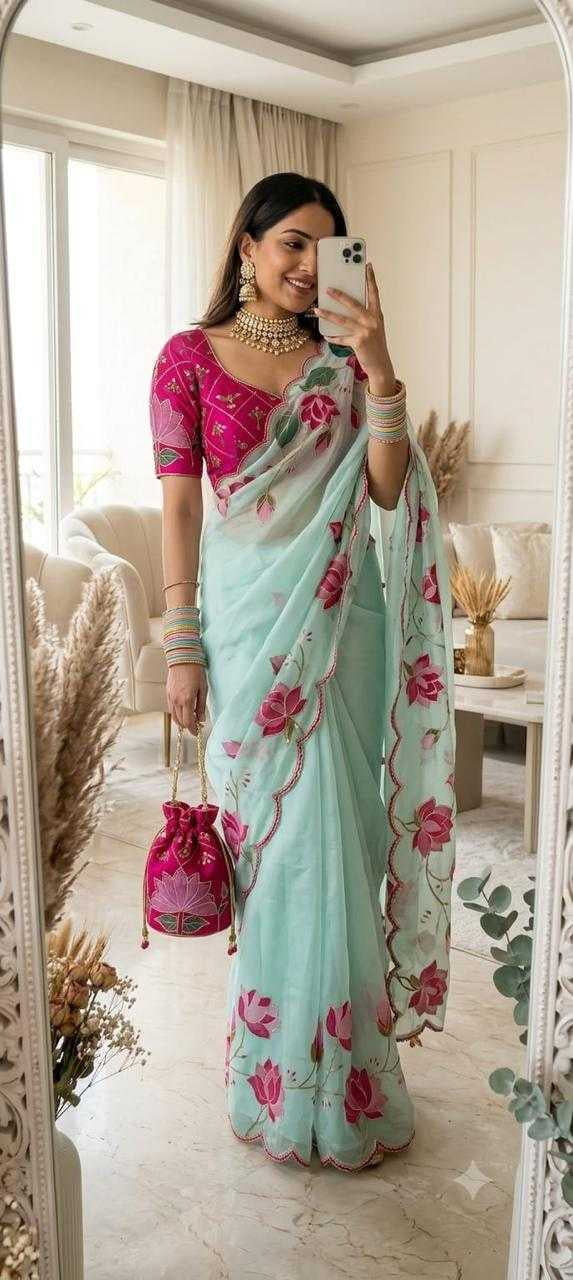 Georgette Digital Print Saree with Handwork Khatli & Cutdana Border