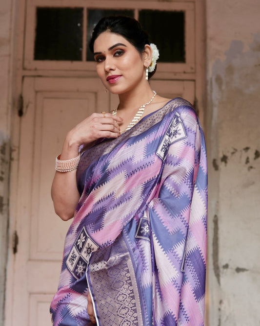 Lavender Peach Digital Print Dolla Silk Party Wear Ethnic Saree With Blouse