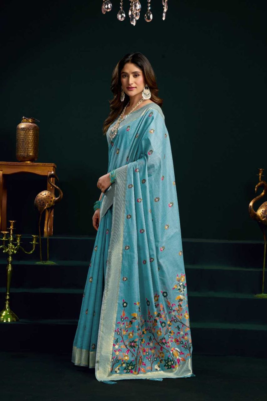Heavy Munga Cotton Saree with Mina Work, Jari Border & Fancy Pompom Finish