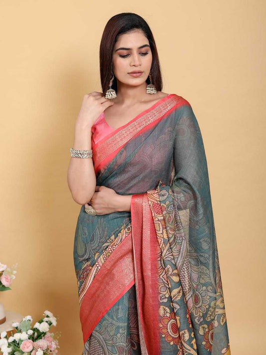 Jacquard Patta Linen Cotton Saree with Peacock & Floral Kalamkari Design and Coral-Red Border