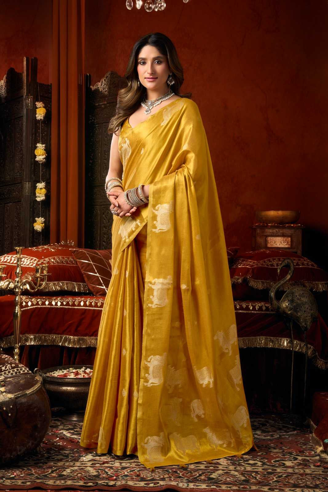 Heavy Tissue Saree with All-Over Cow Butta, Jacquard Weaving & Fancy Tassels
