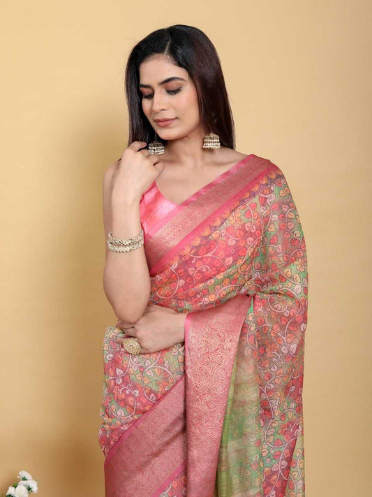 Premium Linen Cotton Saree with Jacquard Patta Weaving and Contrast Border