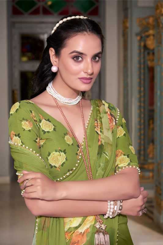 Georgette Printed Saree with Pearl Lace Border & Matching Blouse
