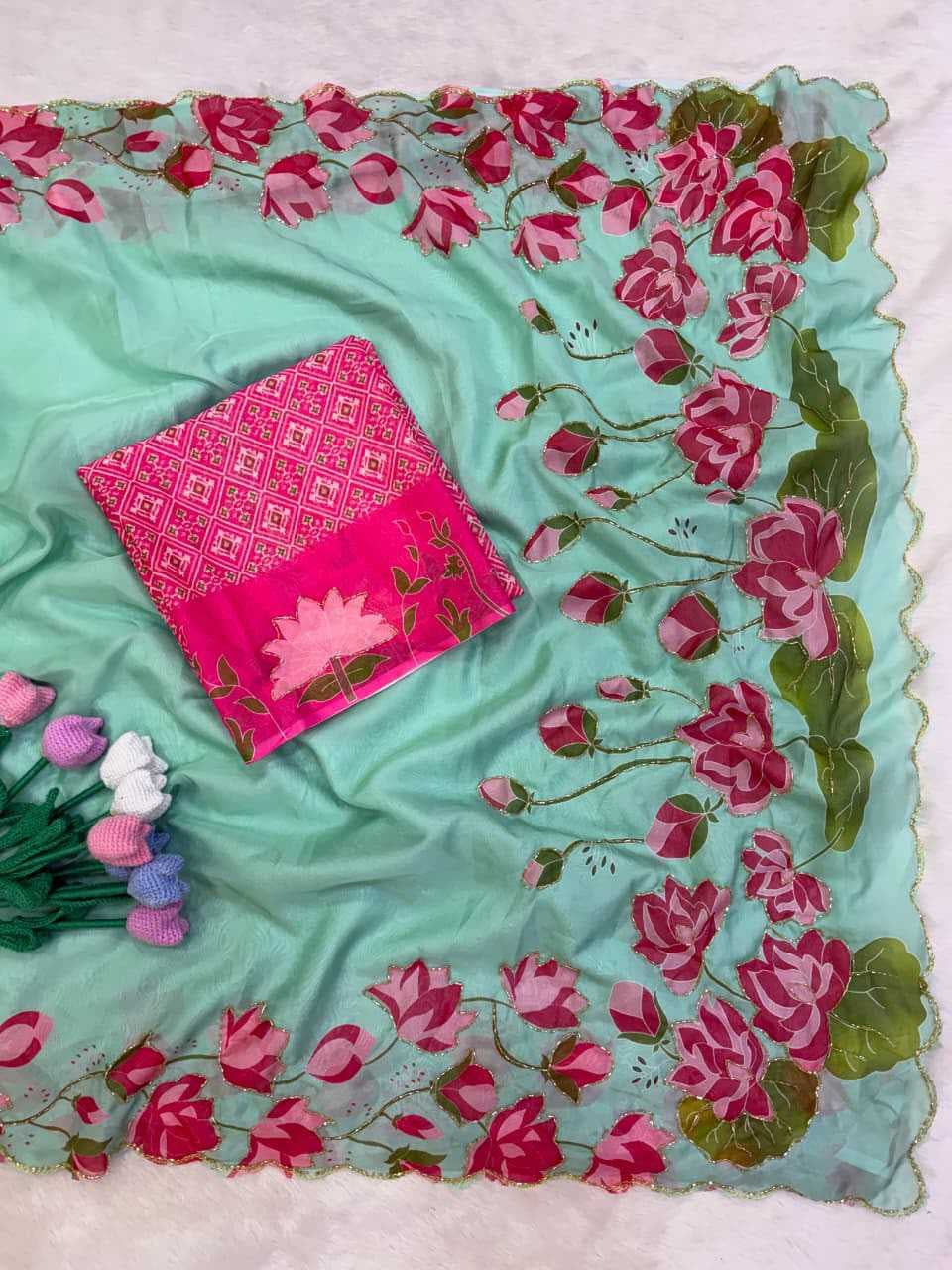 Premium Tabby Silk Saree with Floral Print, Beads & Katdana Handwork