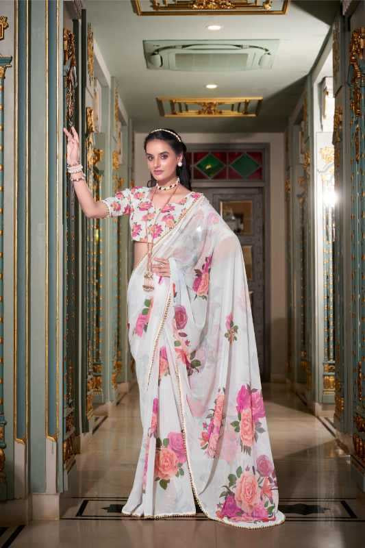Georgette Printed Saree with Pearl Lace Border & Matching Blouse