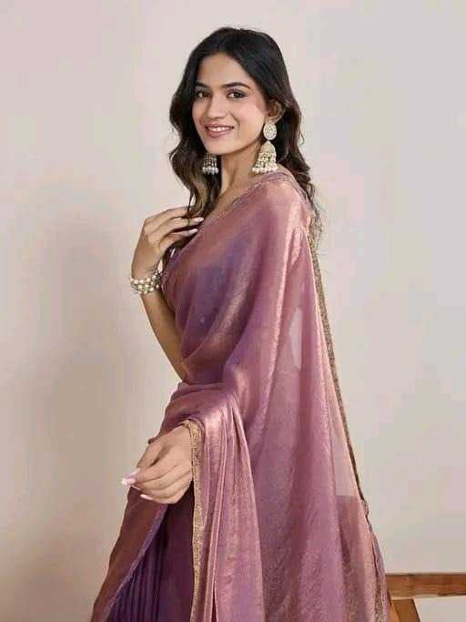 Elegant Twill Net Saree with Gold Lace Work & Matching Blouse