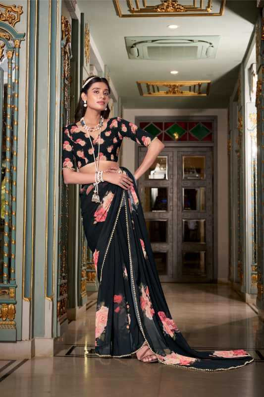 Georgette Printed Saree with Pearl Lace Border & Matching Blouse