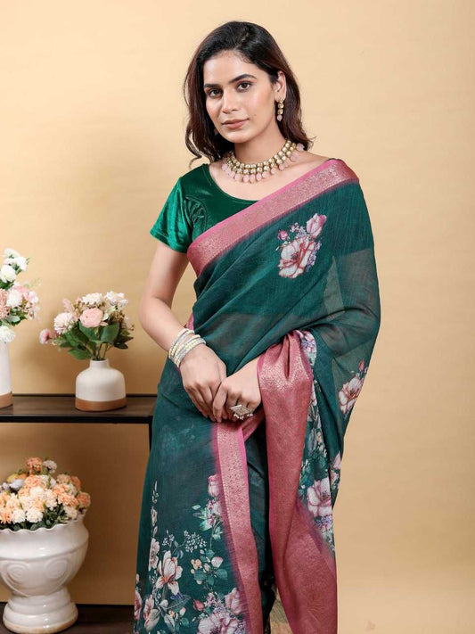 Jacquard Patta Linen Cotton Saree with Large Floral Digital Print & Contrast Zari Border