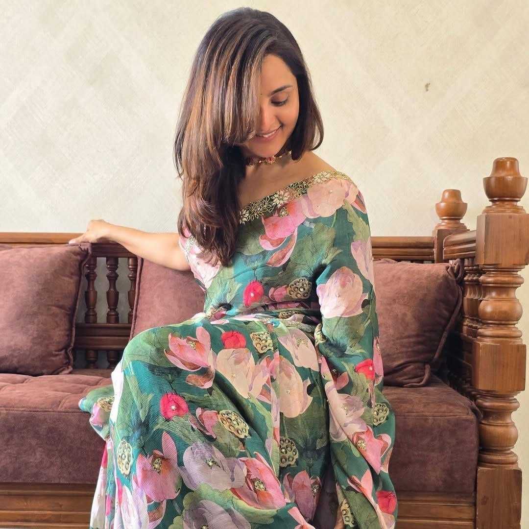 Designer Soft Chinon Saree with Digital Print and Handwork C-Pallu