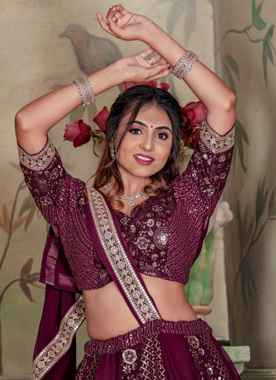 Eilara Women's Wine Georgette With Sequins And Embroidery Work Designer Lehenga Choli
