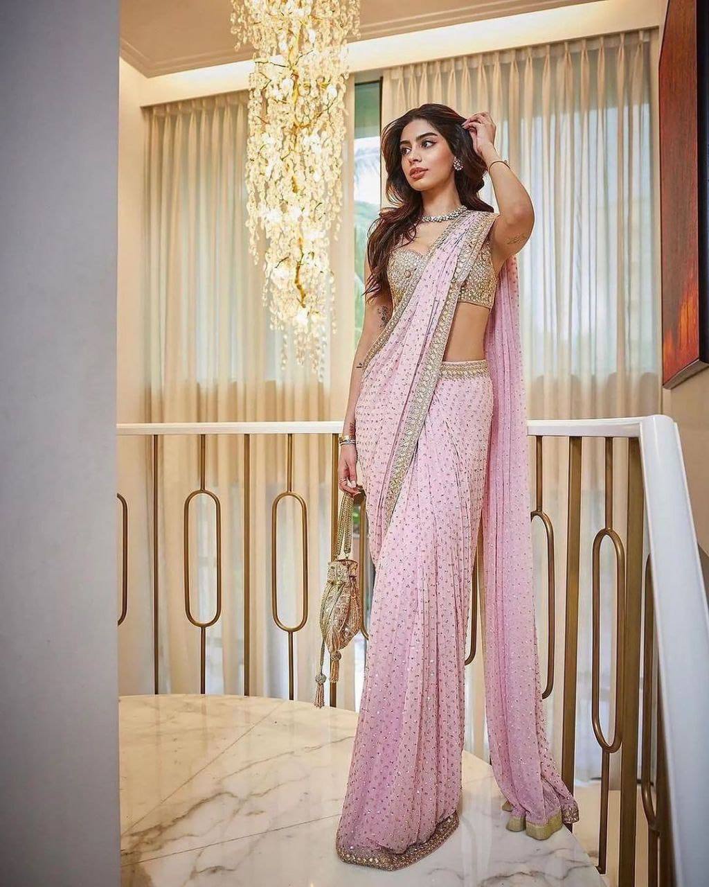 Khushi kapoor pink georgette sequence mirror work designer bollywood saree
