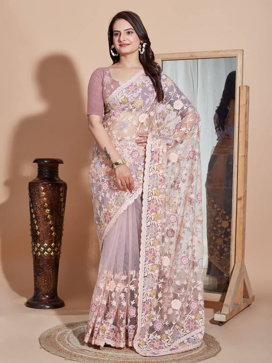 Butterfly Soft Net fabric with Embroider work and Multi work cut border Saree