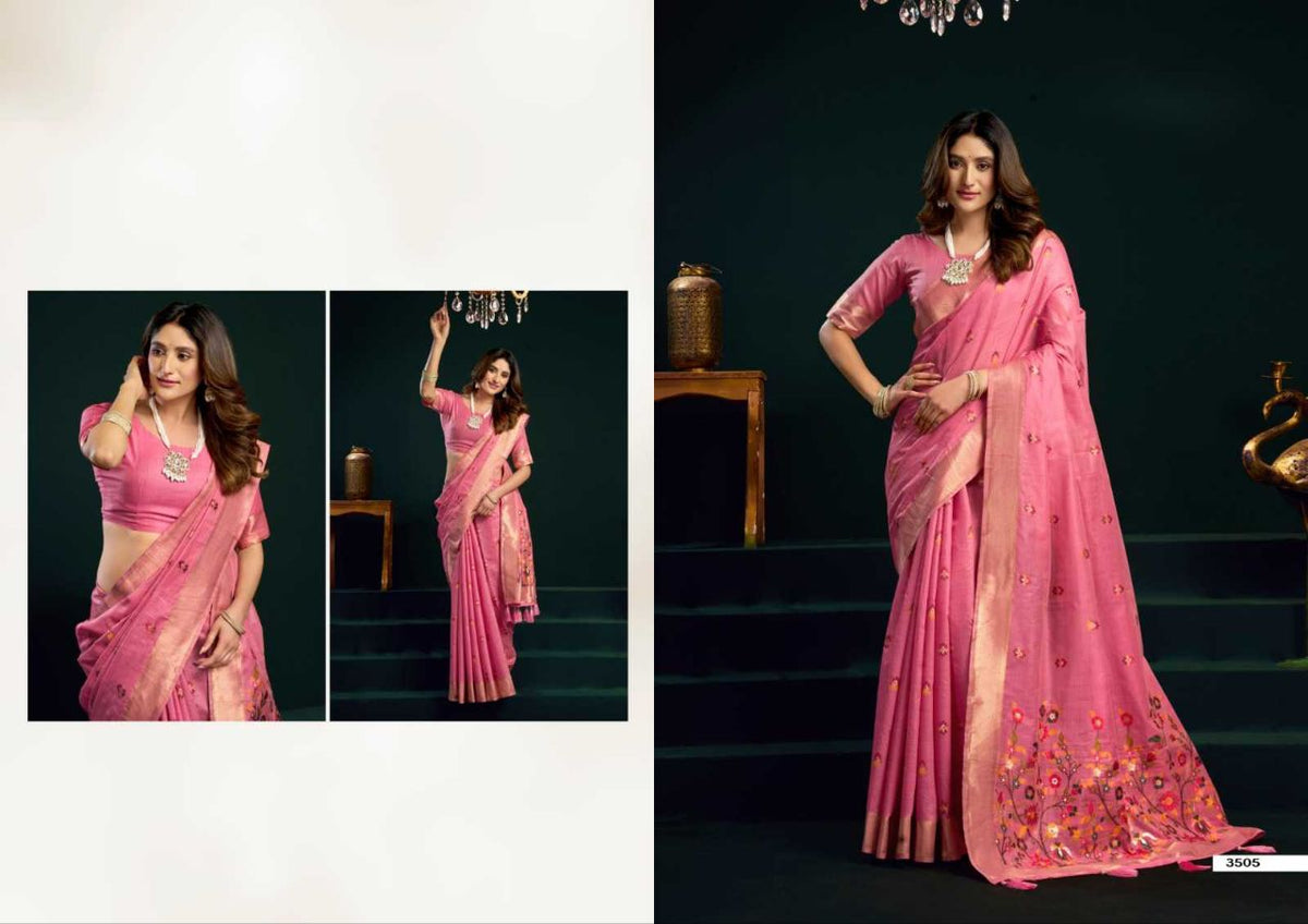 Heavy Munga Cotton Saree with Mina Work, Jari Border & Fancy Pompom Finish