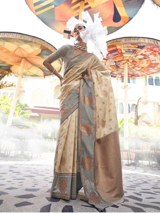 Pure Katan Banarsi Weaving Silk Blend Saree (Beige)
