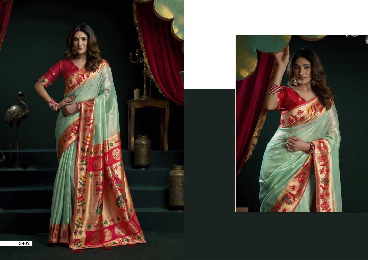 Heavy Tissue Paithani Saree with Lotus Zari Border & Stylish Pompom Detailing