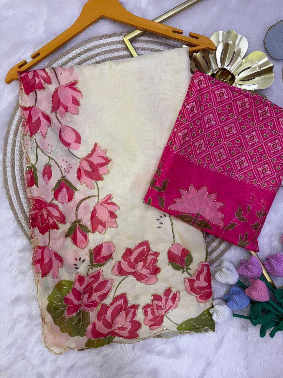 Premium Tabby Silk Saree with Floral Print, Beads & Katdana Handwork