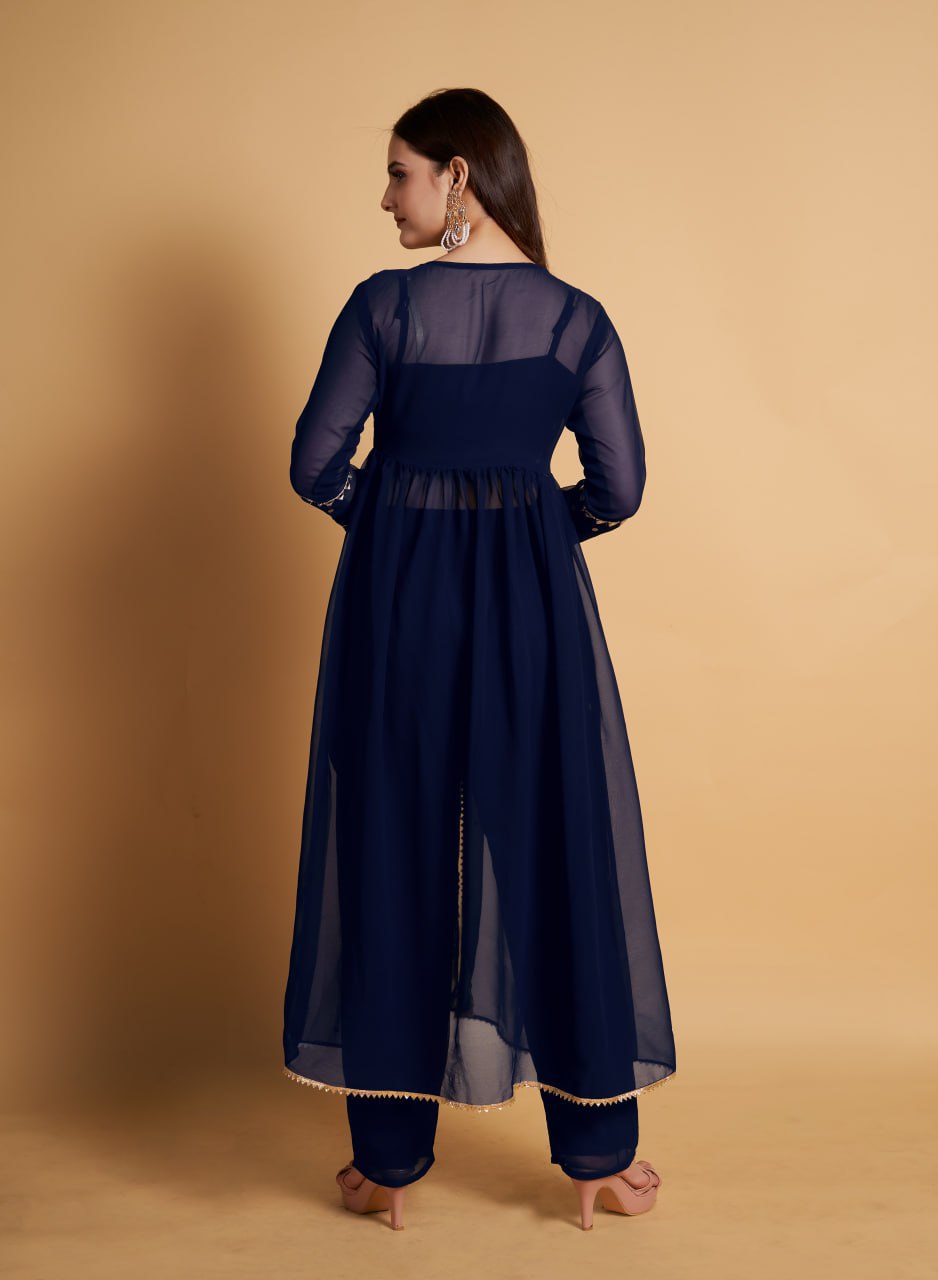 Blue Hand Embroidered Kurta & Palazzo With Dupatta