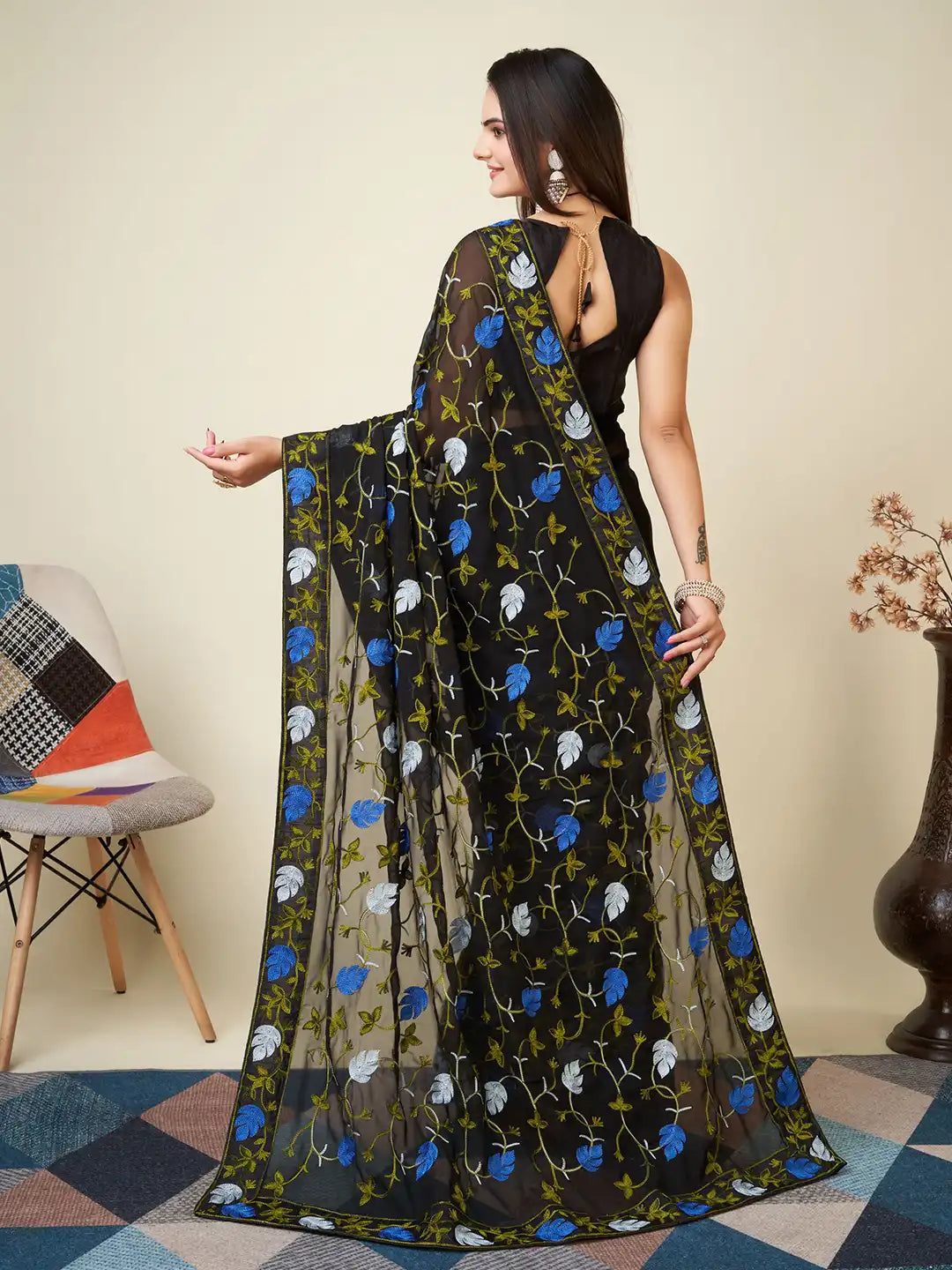 Premium Faux Georgette Saree with Kashmiri Work & Piping Border