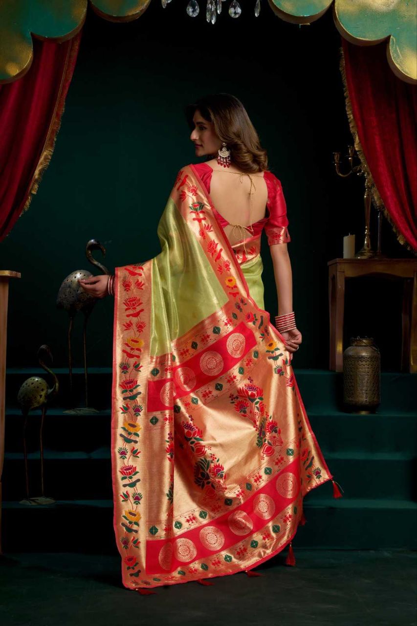 Heavy Tissue Paithani Saree with Lotus Zari Border & Stylish Pompom Detailing