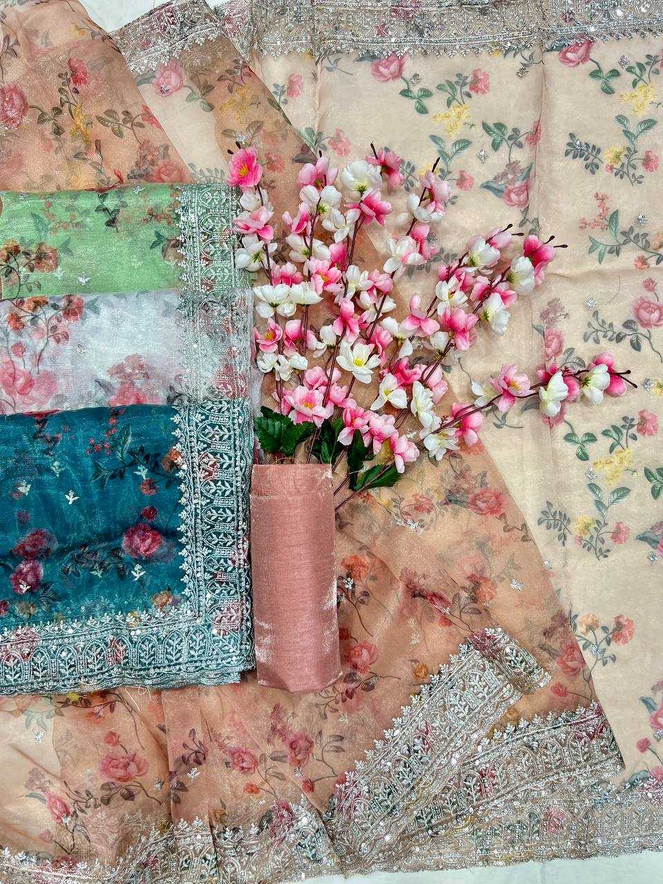 Tissue Organza Saree with Digital Floral Print & Embroidery Work