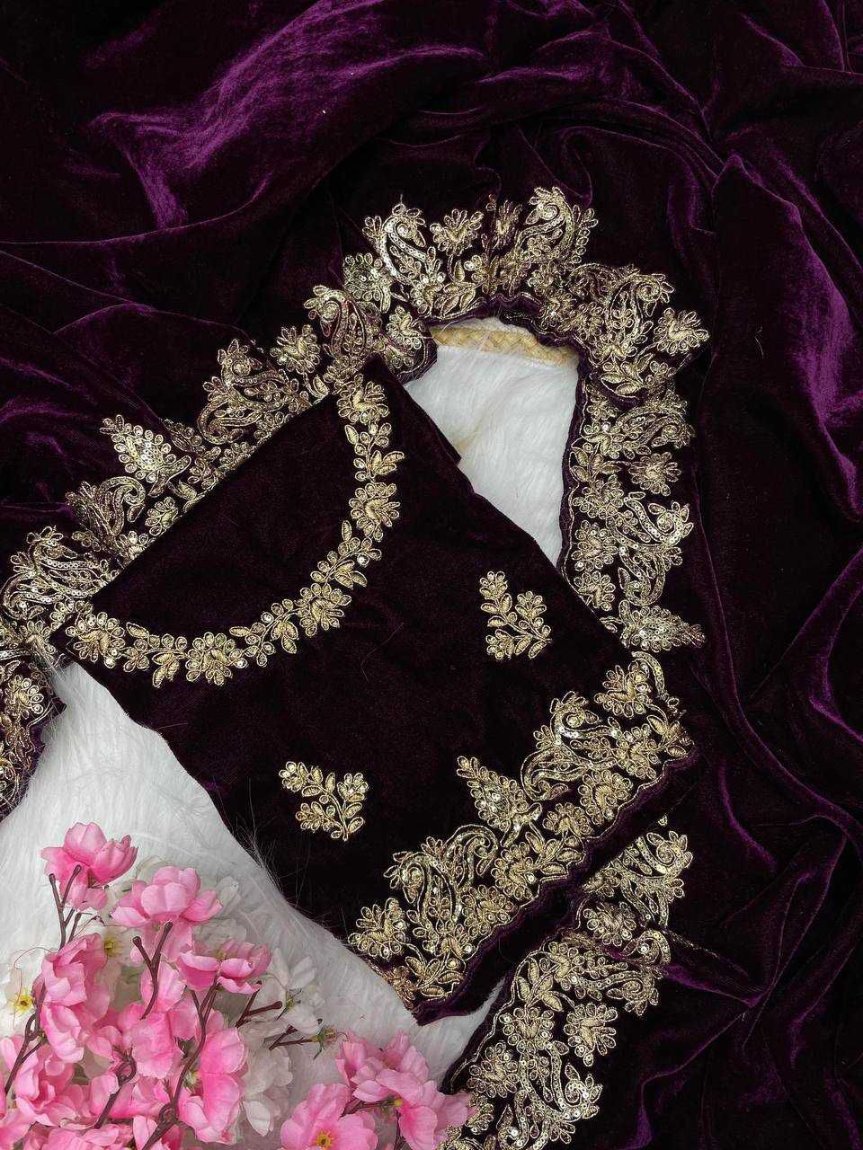 Designer 9000 Velvet Saree with Sequins, Embroidery Zari C-Pallu and Cutwork Border