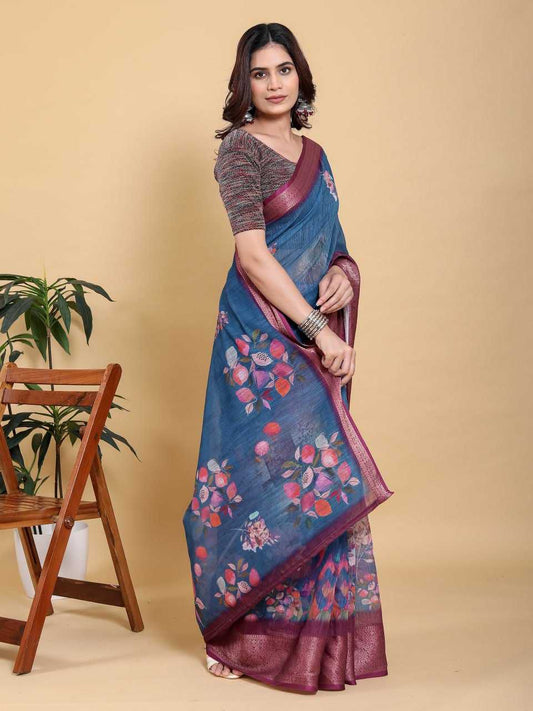 Jacquard Patta Linen Cotton Saree with Digital Floral Print & Maroon Zari Border