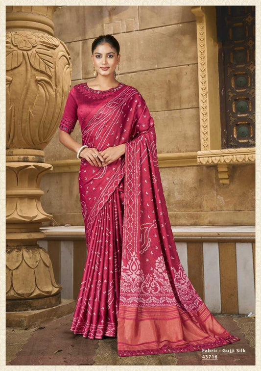 Exquisite Gajji Silk Floral Print Saree with Handwork & Stone Border
