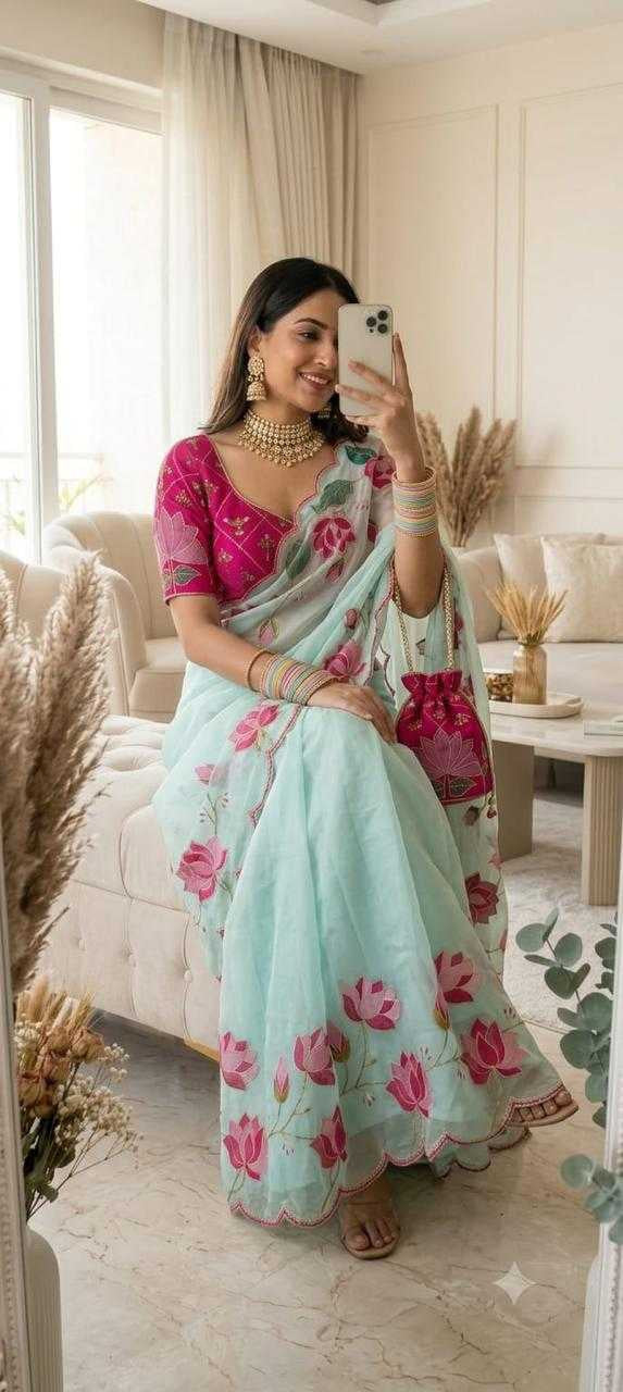 Georgette Digital Print Saree with Handwork Khatli & Cutdana Border