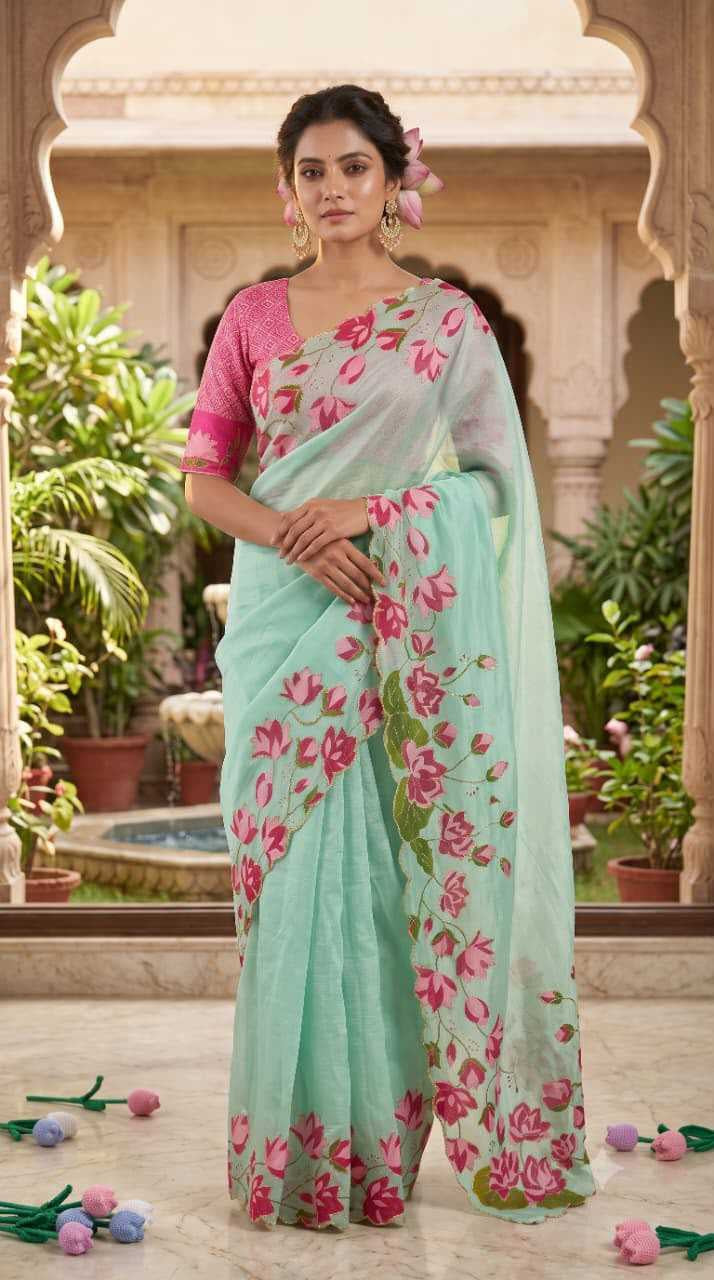 Premium Tabby Silk Saree with Floral Print, Beads & Katdana Handwork