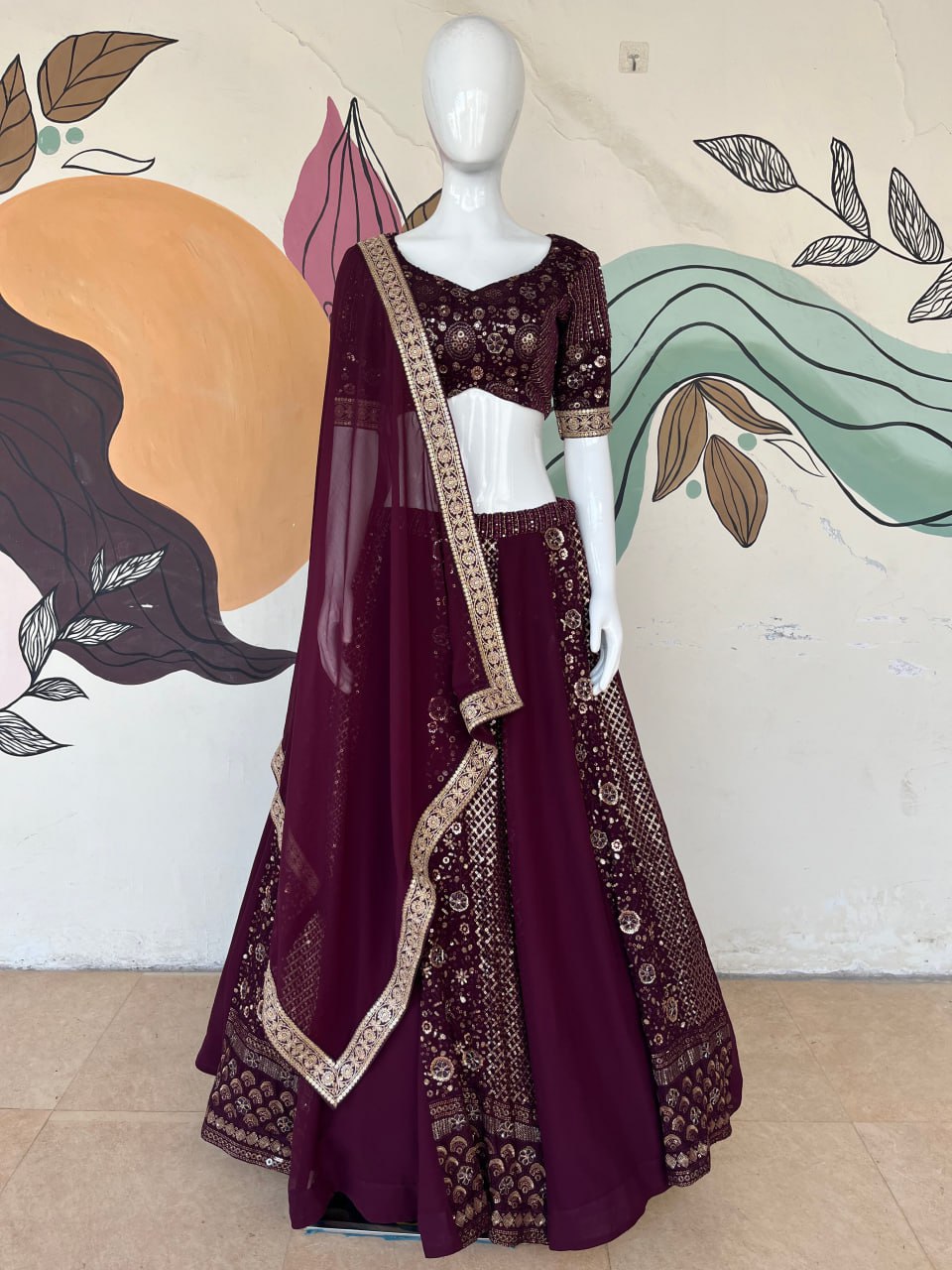 Eilara Women's Wine Georgette With Sequins And Embroidery Work Designer Lehenga Choli