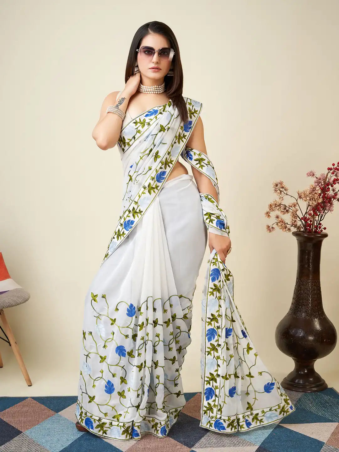 Premium Faux Georgette Saree with Kashmiri Work & Piping Border
