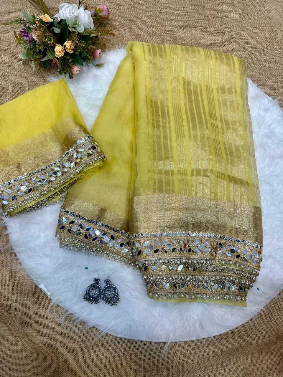 Rajkumari Mirror Soft Tussar Organza Saree with Woven Pallu and Mirror Lace Border