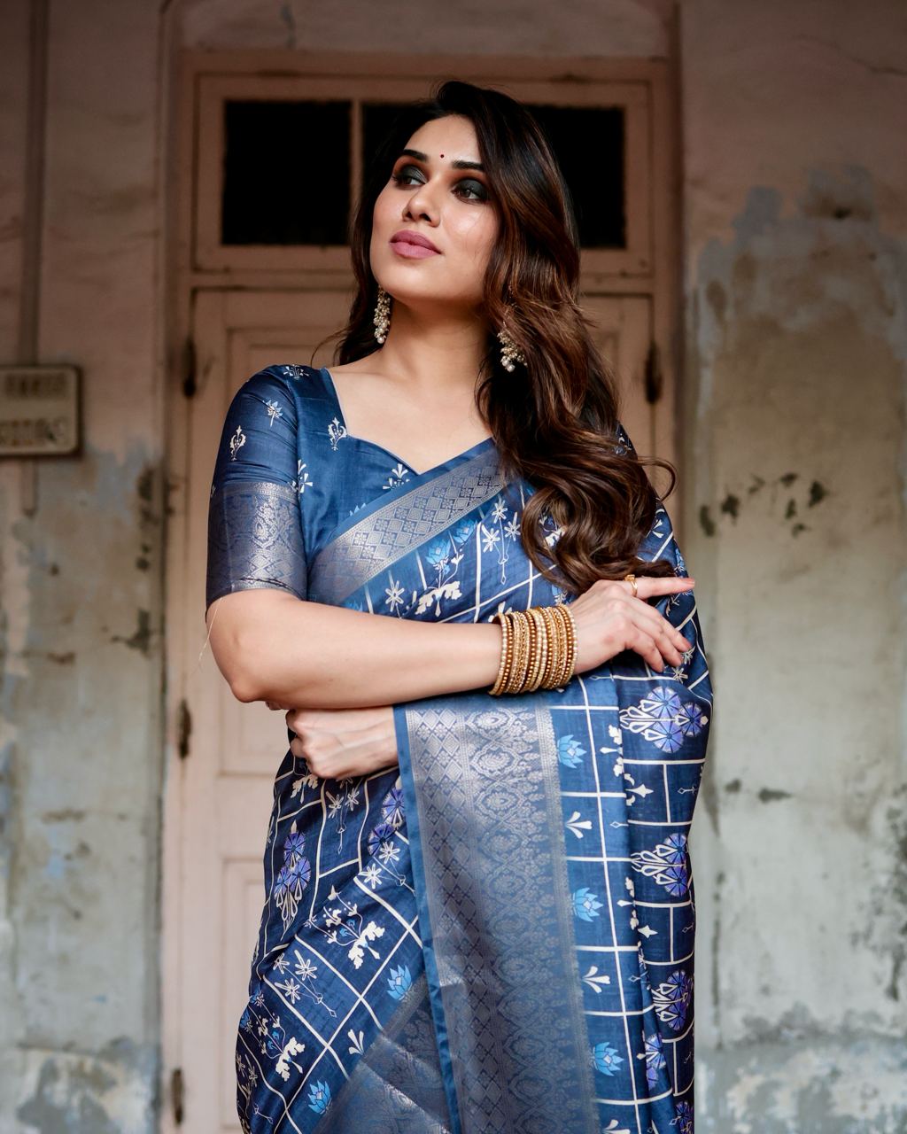 Navy Blue Color Pure Silk Digital Printed Party Wear Saree