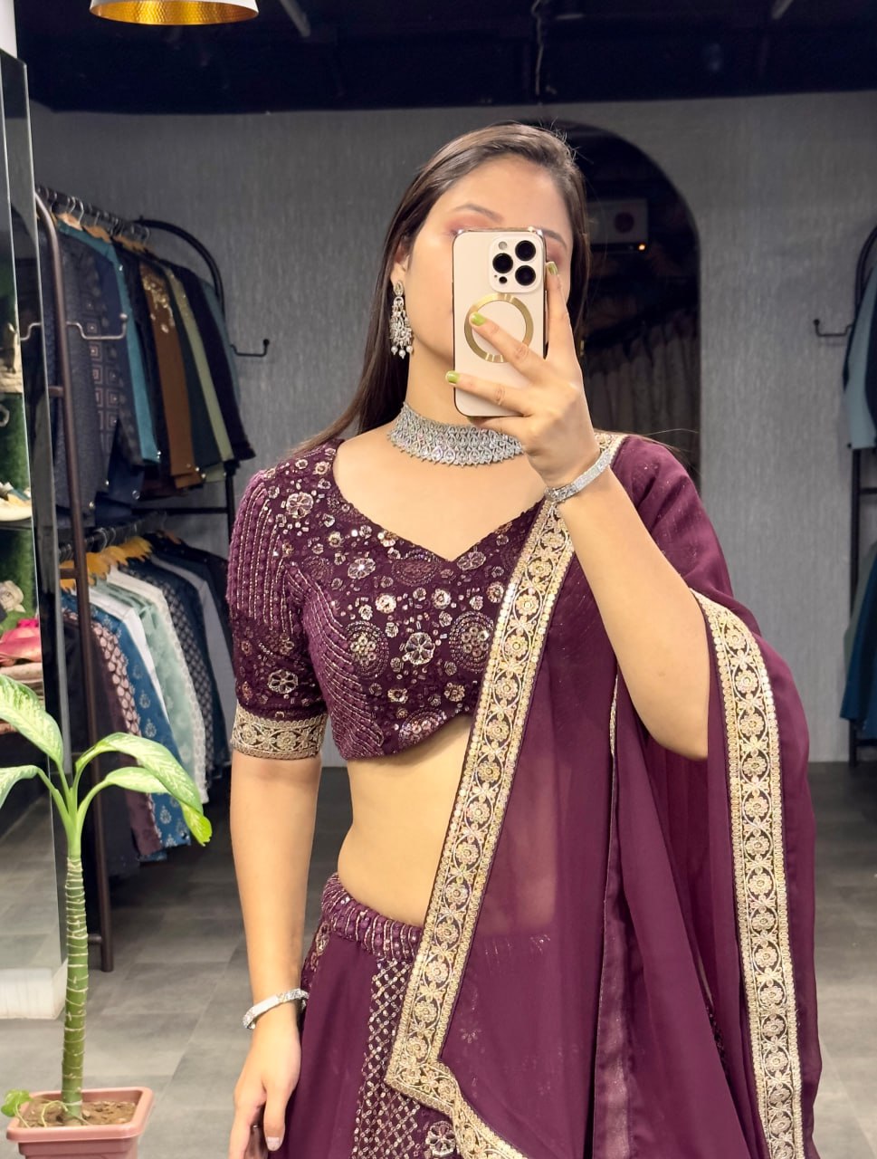 Eilara Women's Wine Georgette With Sequins And Embroidery Work Designer Lehenga Choli
