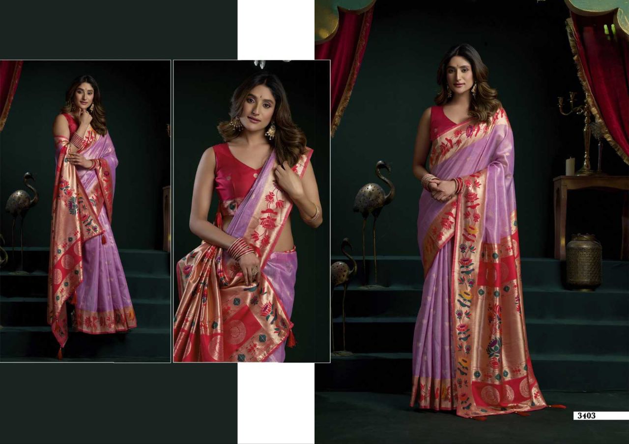 Heavy Tissue Paithani Saree with Lotus Zari Border & Stylish Pompom Detailing
