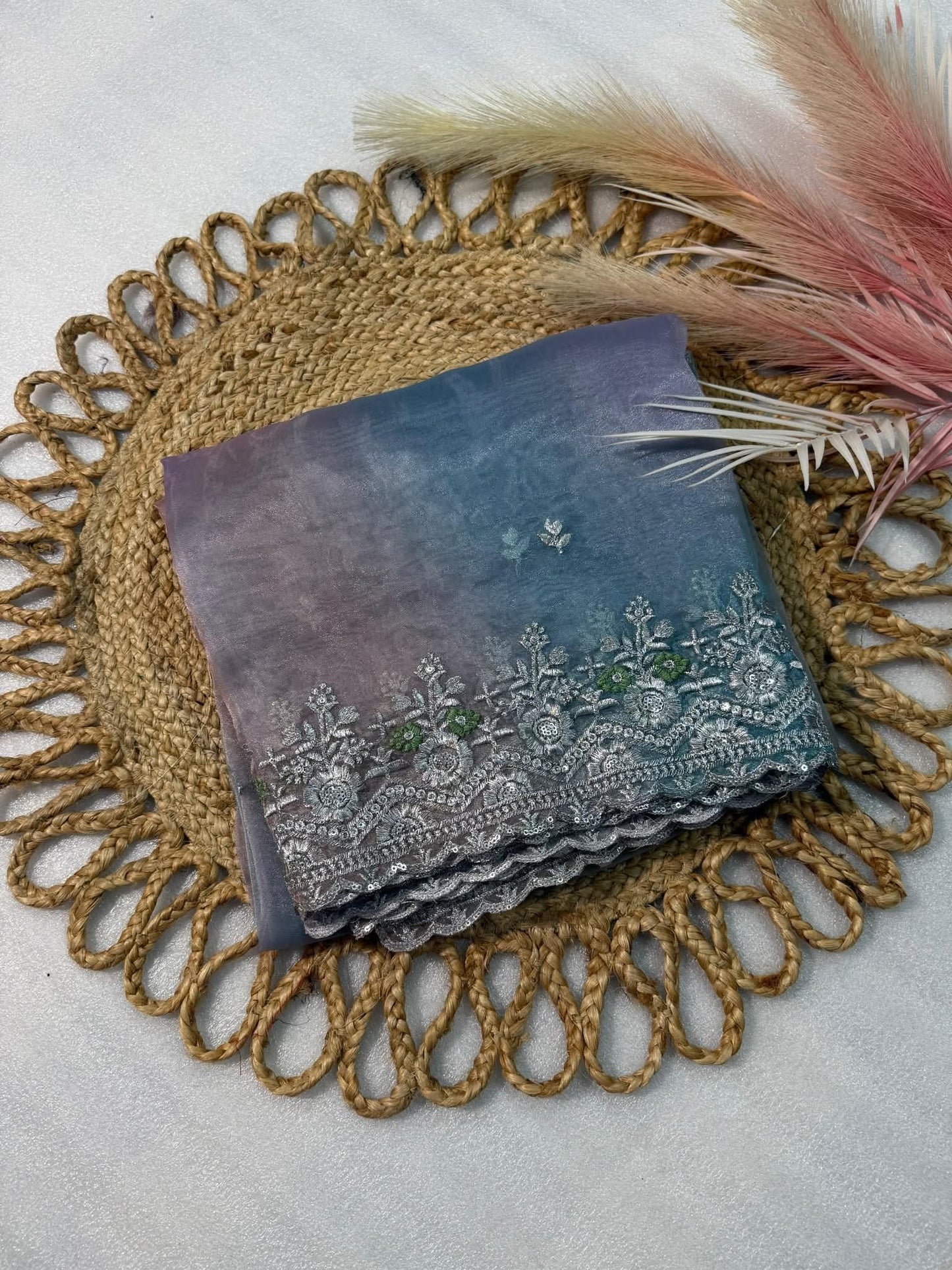 Soft Satin Organza Leheriya Saree with Silver Zari & Sequin Work