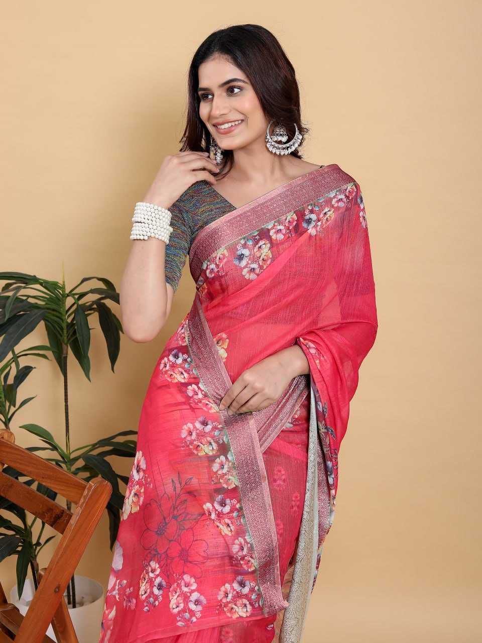 Jacquard Patta Linen Cotton Saree with Large Floral Digital Print & Contrast Sea Green Zari Border