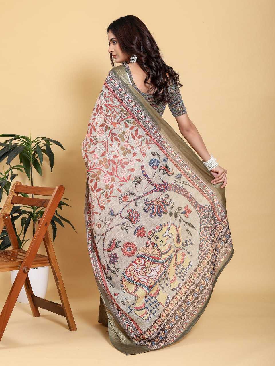 Jacquard Patta Linen Cotton Saree with Traditional Motifs & Elephant Design Pallu