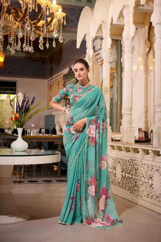 Georgette Printed Saree with Pearl Lace Border & Matching Blouse