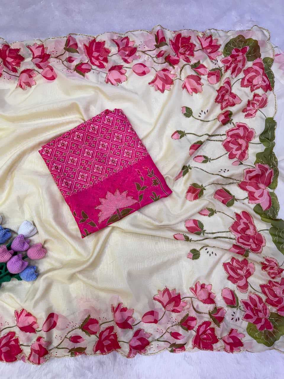 Premium Tabby Silk Saree with Floral Print, Beads & Katdana Handwork