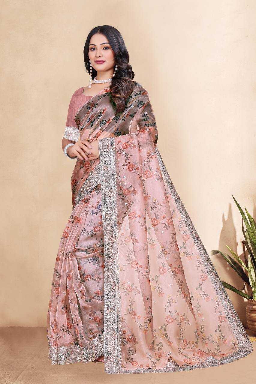 Tissue Organza Saree with Digital Floral Print & Embroidery Work