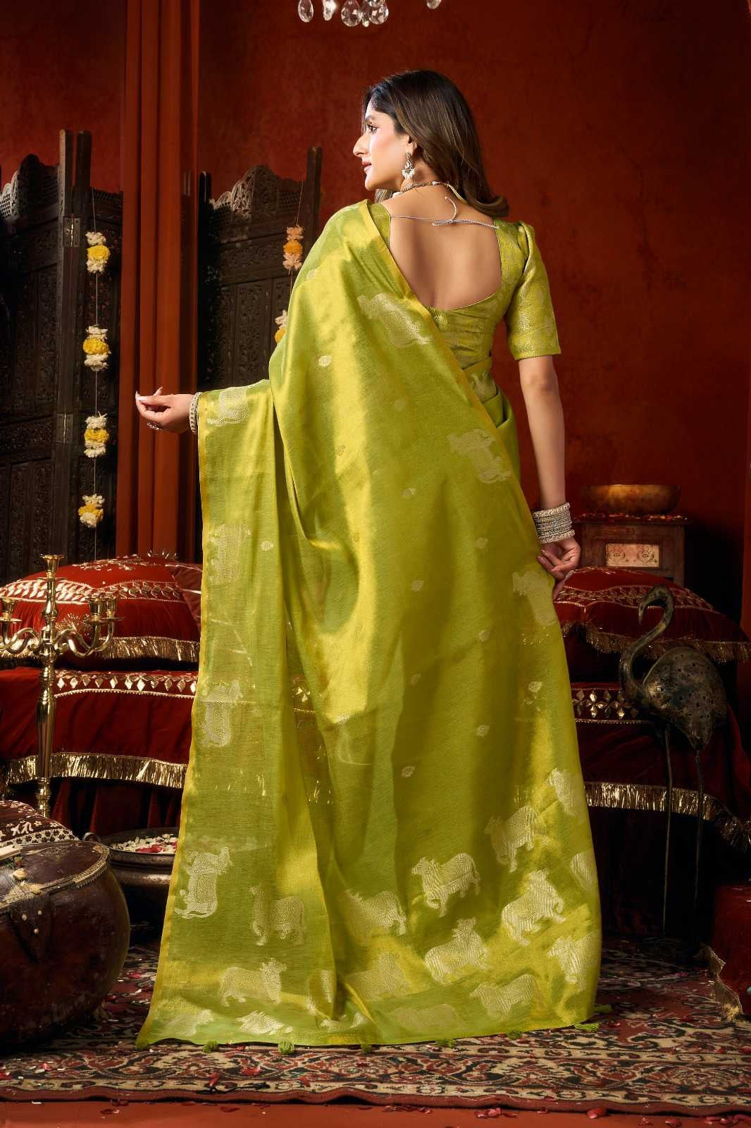 Heavy Tissue Saree with All-Over Cow Butta, Jacquard Weaving & Fancy Tassels
